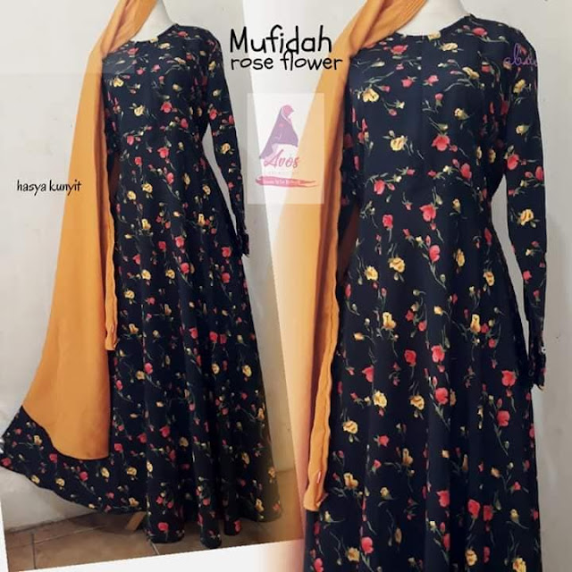 Gamis plus khimar mufidah monalisa motif rose flower