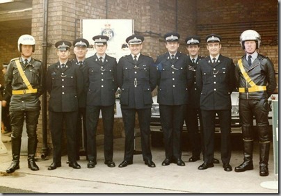 Many Thanks to Roy Smith for sending the above photos which were both were taken in the rear yard at Bishop Auckland Police Office in October 1983 when the station threw open its doors for an open day.Officers in the  group photograph from the Traffic Department are L to R: Danny McKie, Roy Smith, Michael French, Alec Francis, Don Moody, Sgt Stuart Oakley, Dave Surtees, ? and finally Tommy Fortune (Motorcycles). The patrol car, was A687XCN a Ford Granada call sign Mike 20 Papa (M20P), formerly Alpha Red 40 (AR40)