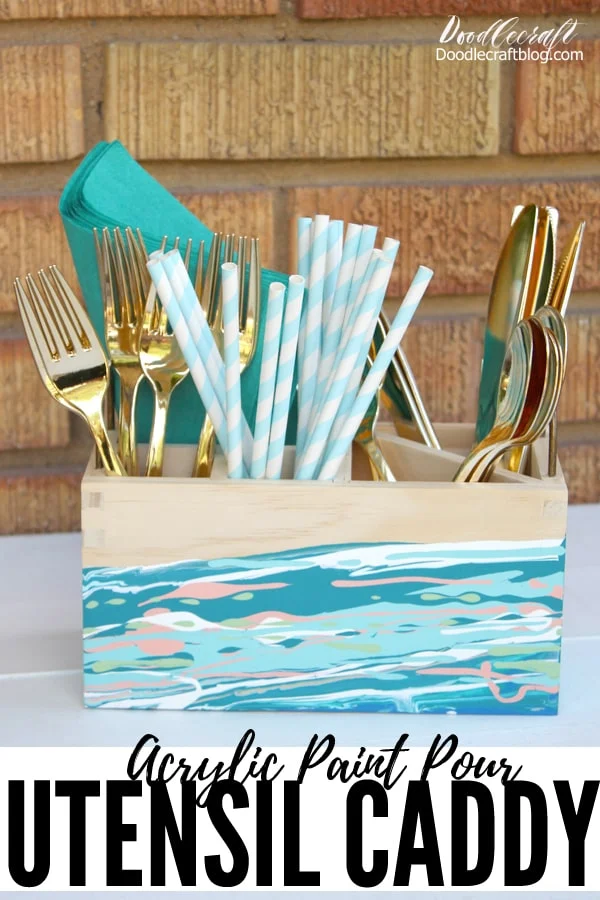 Acrylic Pouring Abstract Painting in teals, blues and blush poured on Organizer Caddy DIY perfect for filling with utensils or school supplies