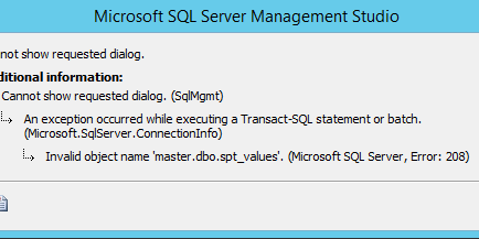 Invalid object name master.dbo.spt_values [solved] 