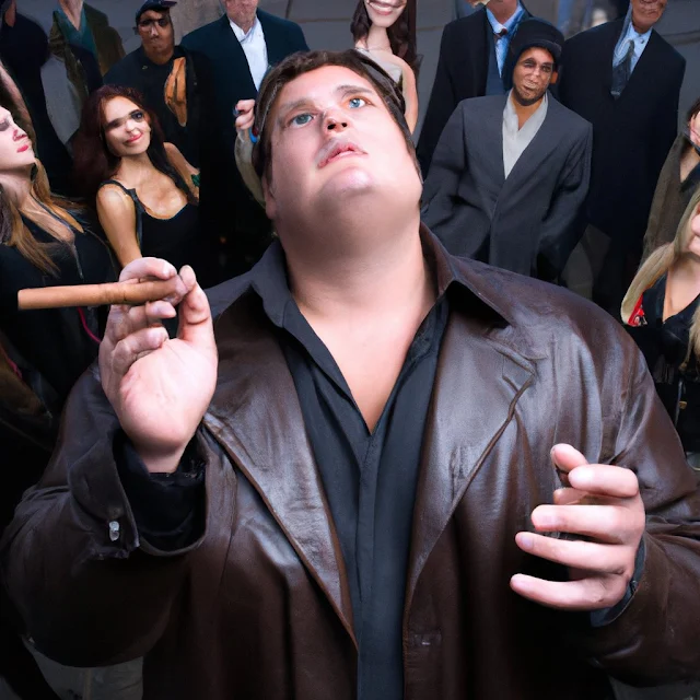 Crowd of people watching a handsome man wearing brown leather blazer smoking cigar showing off
