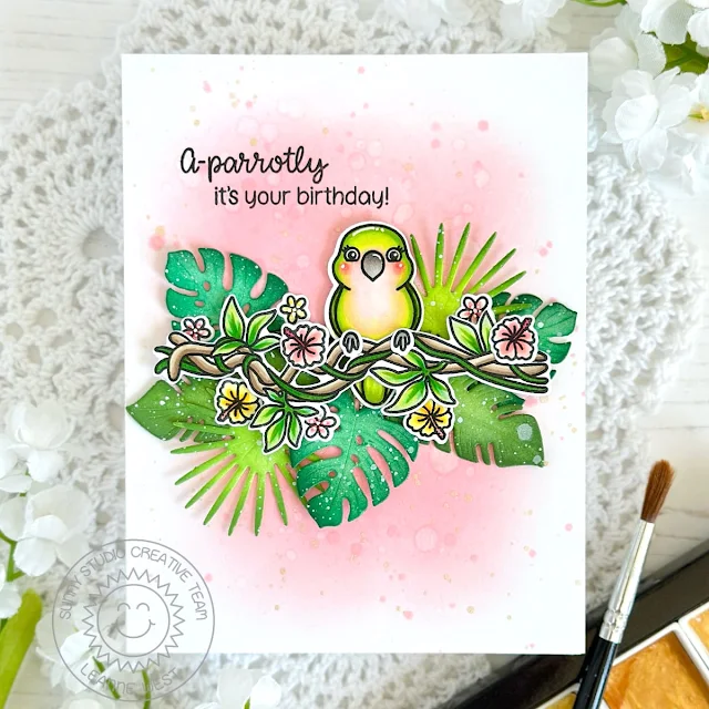 Sunny Studio Stamps: Tropical Birds Birthday Card by Leanne West (featuring Summer Greenery Dies)