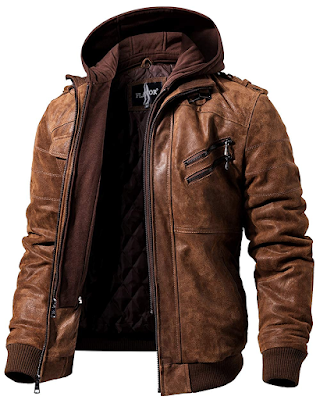 Flavored Men Brown Leather Motorcycle Jacket with Removable Hood