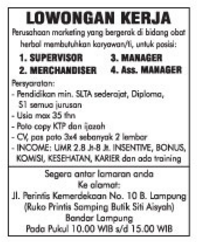 Lowongan Kerja MANAGER, SUPERVISOR di Lampung