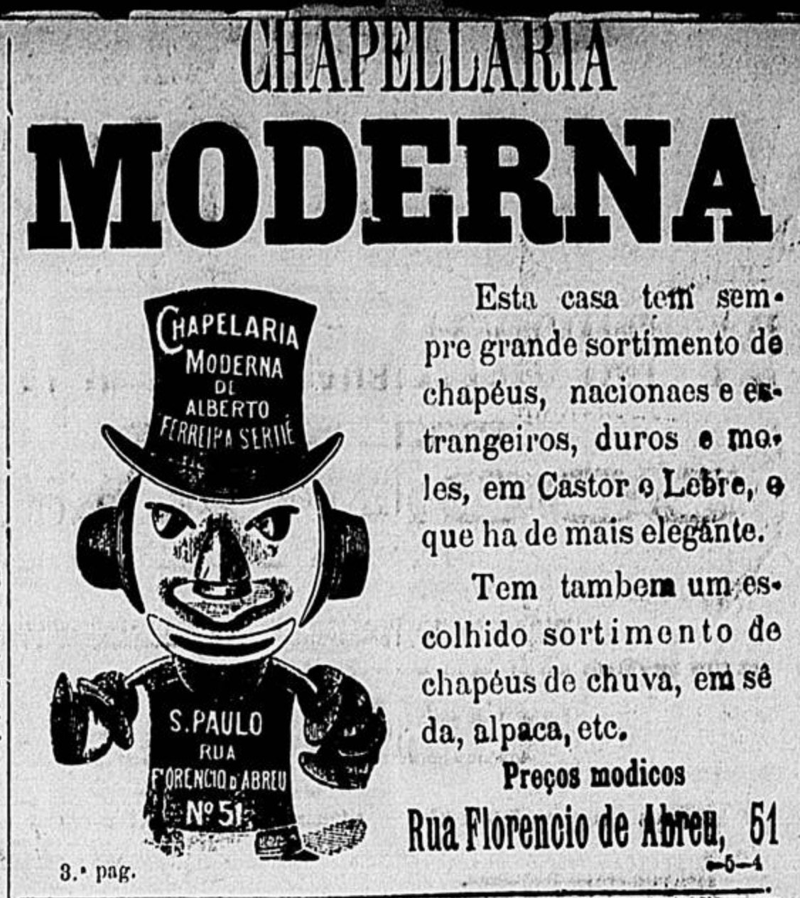 Anúncio de 1895 apresentando as ofertas da chapelaria Moderna