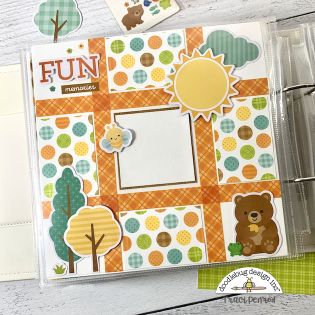 8x8 Fall Scrapbook Pages with plaid washi tape, polka dots, trees, and a cute bear