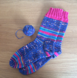 Blue and pink hand-knit socks
