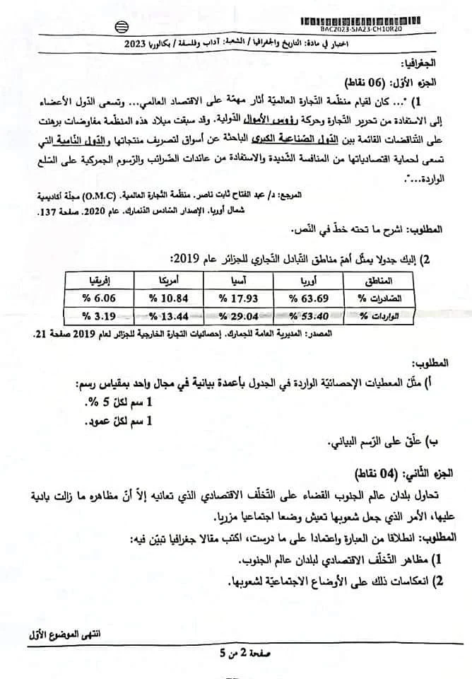 موضوع التاريخ والجغرافيا بكالوريا 2023 شعبة آداب وفلسفة