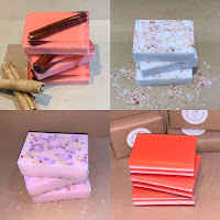 The four Chlos Vegan Botanicals Soaps on my Christmas wish list, Candy Cane, Birthday Cake, Hot Apple Pie and Cinnamon and Coconut and Himalayan salt, in a variety of pink, cream and stripy designs, the Apple Pie and Cinnamon with a cinnamon stick inside.