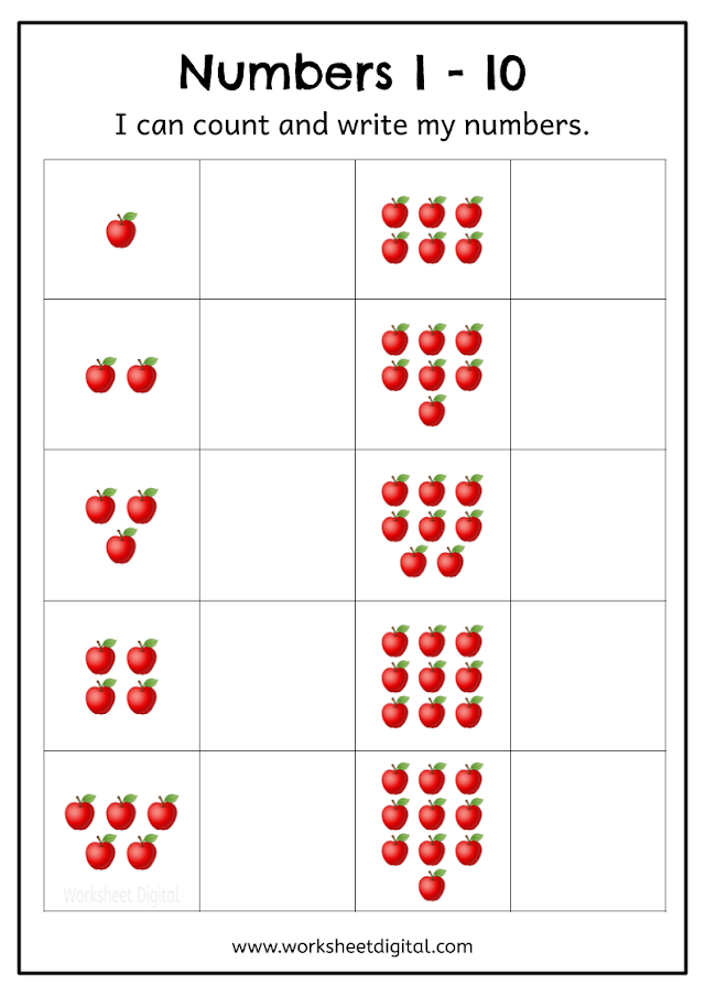 Count the apples and write how many - Numbers 1 - 10