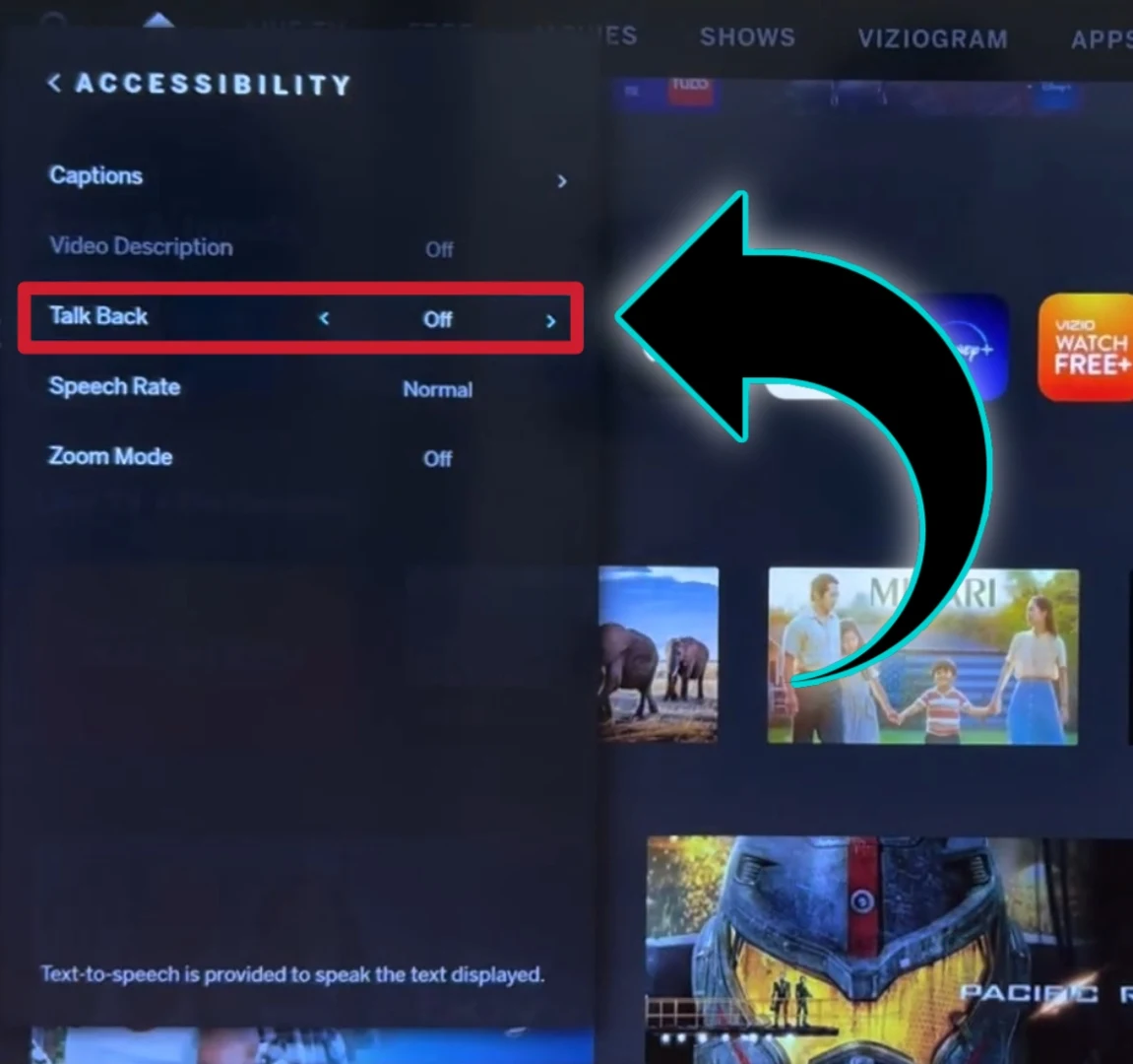 How to turn off talkback on Vizio tv