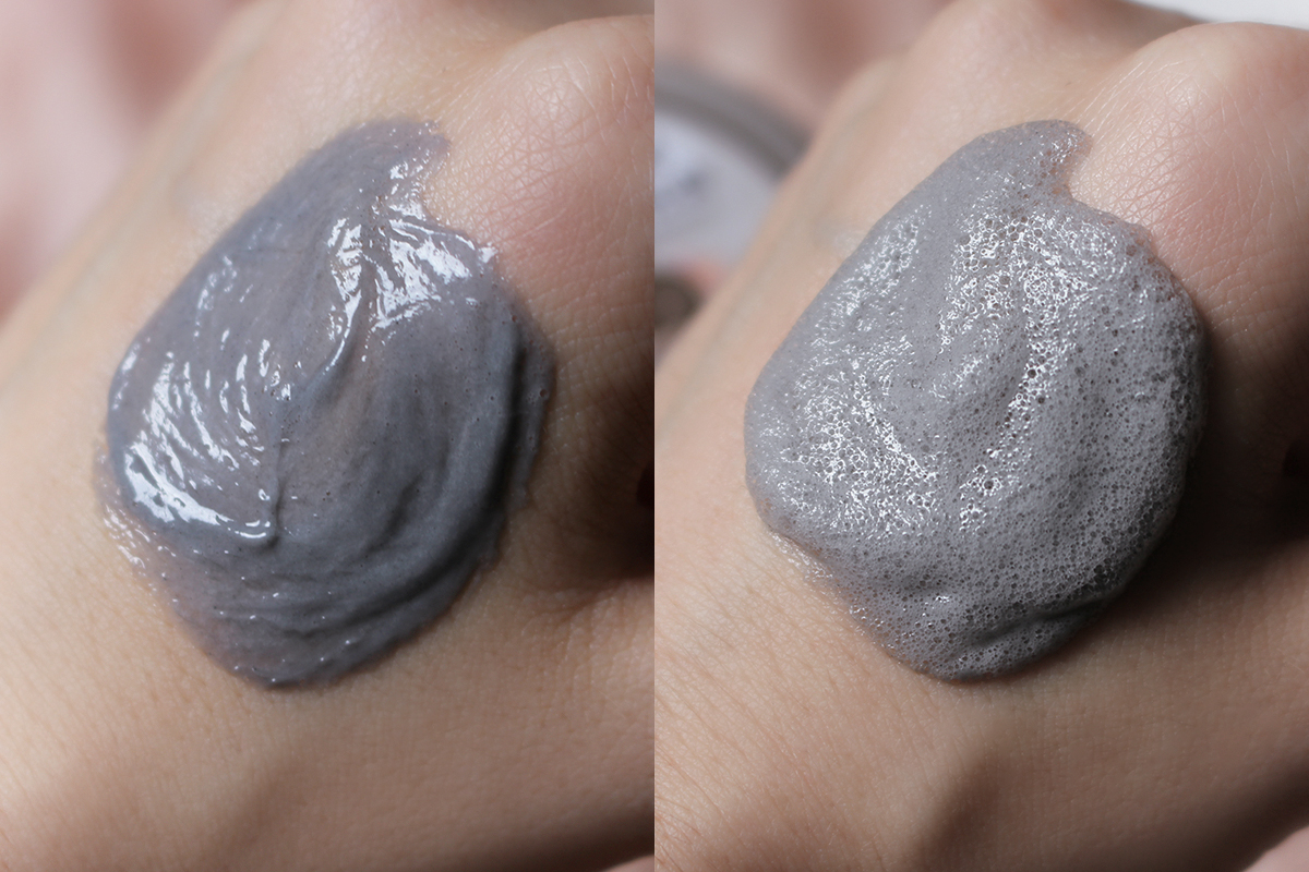 collage with two images of a hand with carbonated face mask by elizavecca swatch on the skin