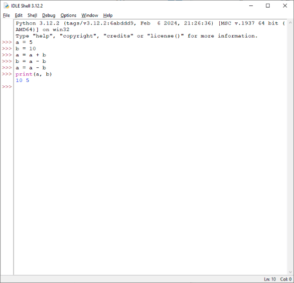 Swapping two variables without using another variable (Arithmetic Operator)