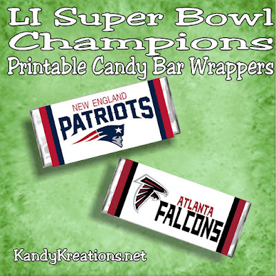 Get ready for your Super Bowl party with these printable candy bar wrappers. Whether your cheering on the New England Patriots or the Atlanta Falcons these party favors are perfect to make you the super fan at the big game.