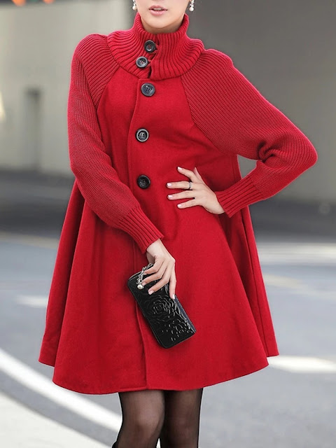 High Neck Patchwork Plain Woolen Coat