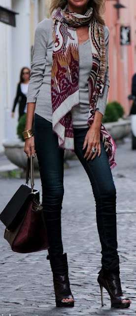 Street fashion grey sweater, denim and printed scarf