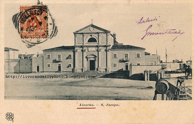 Cartolina d'epoca, chiesa di San Jacopo in Acquaviva, Livorno