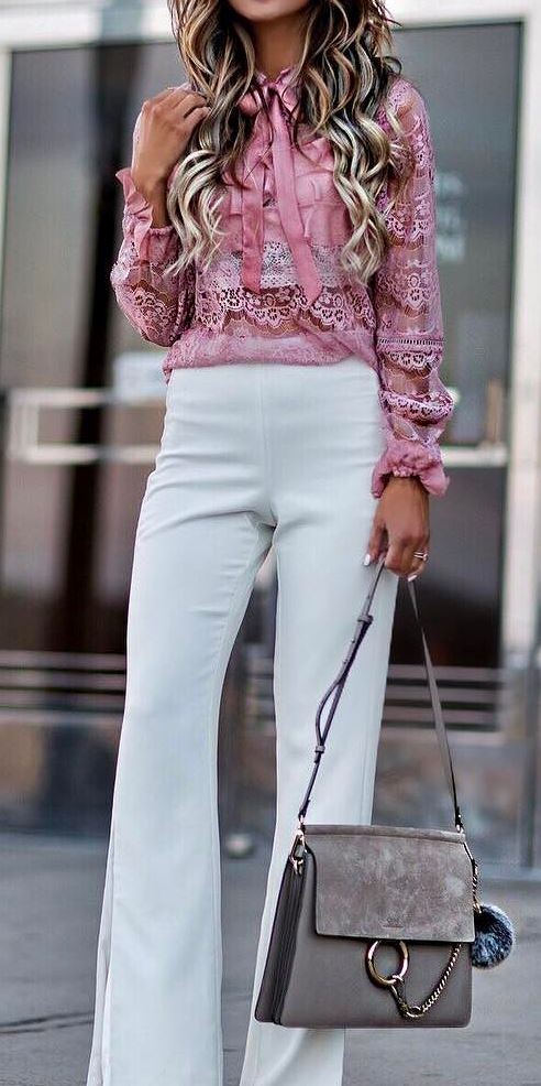 pretty cool office style outfit: lacer blouse + white pants + bag