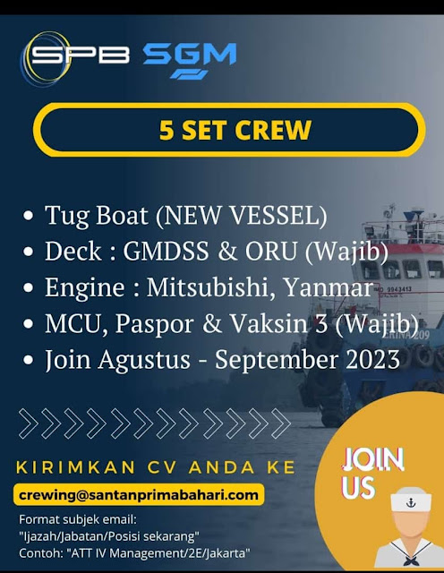 Lowongan Crew Kapal SPB SGM Agustus 2023