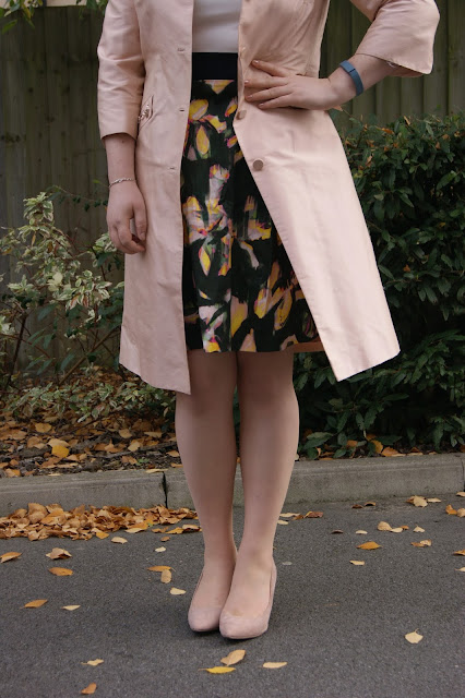 Closet floral fancy occasion dress from New Look, Precis Petit silk pink princess coat, New Look nude pink pointed heels, Clarks black patent pointed shoes, cropped wool cardigan, 1 dress styled 2 ways