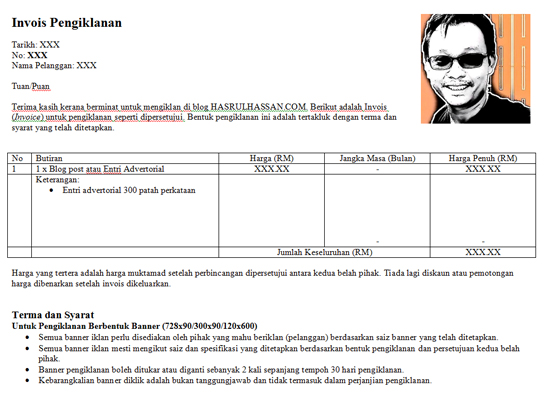 Contoh dan Template Invois Pengiklanan Blog