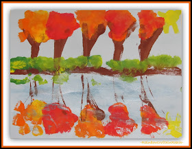 Fall Trees Reflected in Water: Kindergarten Paintings via RainbowsWithinReach