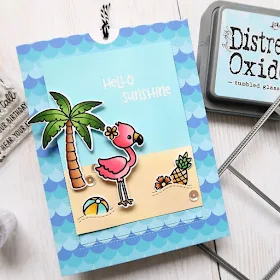 Sunny Studio Stamps: Fabulous Flamingos Sliding Window Hello Sunshine Summer Beach Card by Laura Sterckx