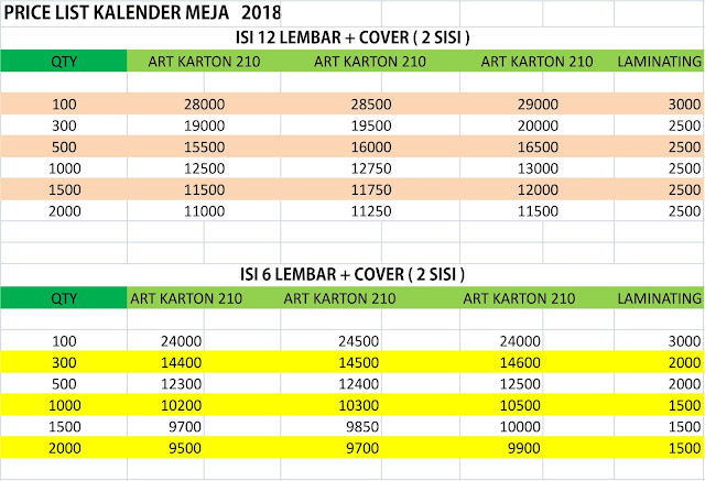 DAFTAR HARGA KALENDER 2018 MURAH JAKARTA 