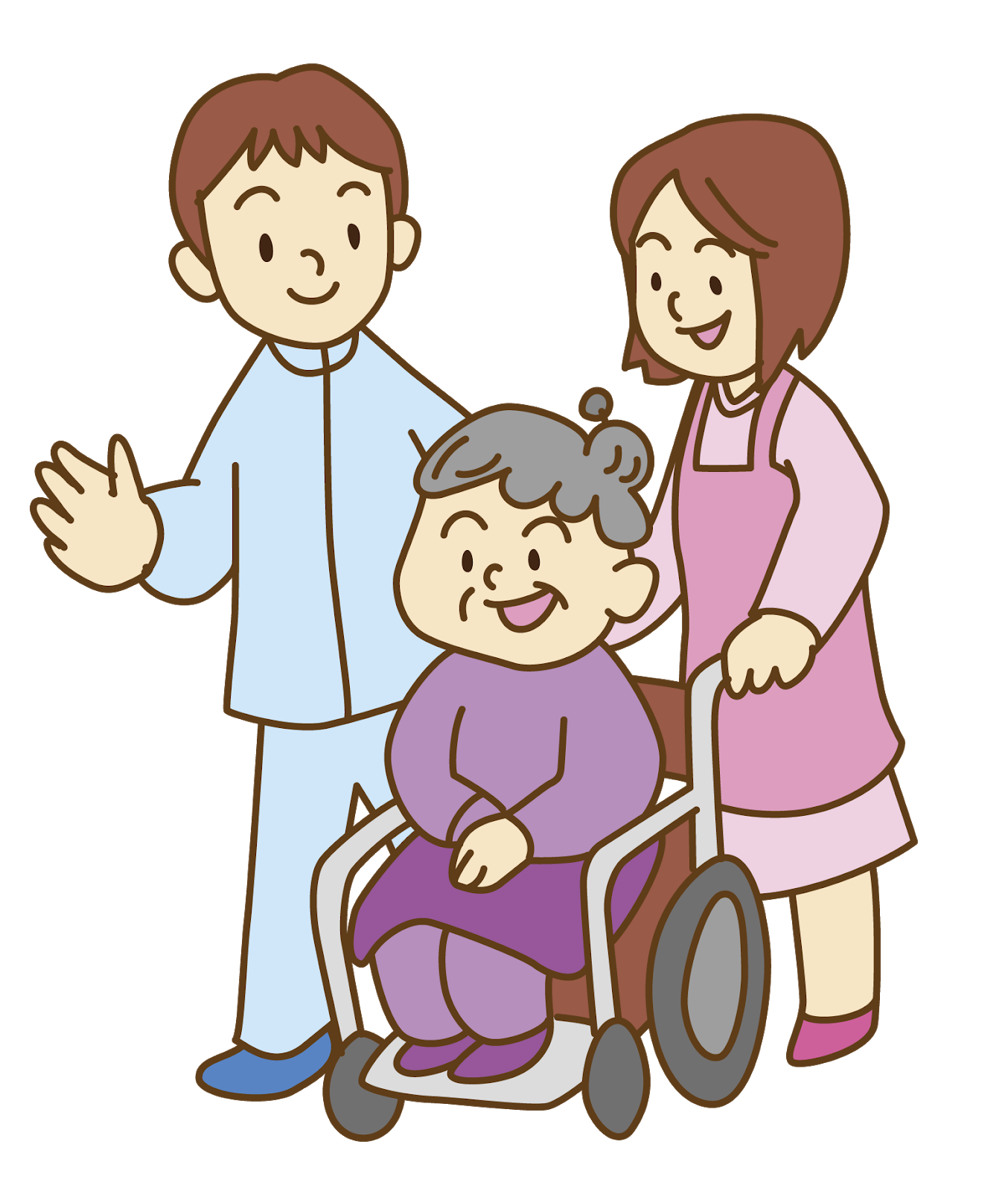 日々のイラスト 車椅子のおばあちゃんを介護する介護職員のイラスト