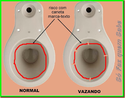 Detectando vazamento de bacia sanitária com risco de caneta marca-texto.