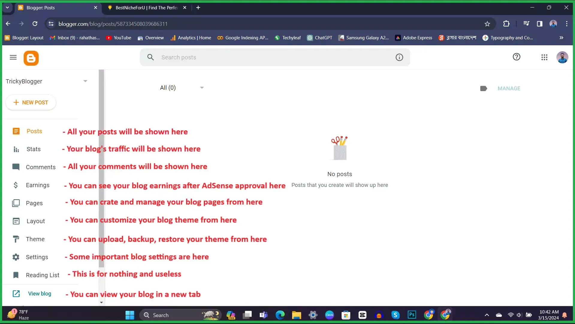 screenshot of all the features of blogger
