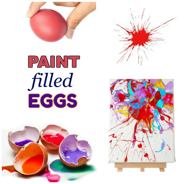 EGG CRACK PAINTING: Tutorial. How to make paint filled eggs.  Then, toss them at canvas for epic kid fun! #paintfilledeggs #eggcrackpainting #kidscrafts #kidsactivities 