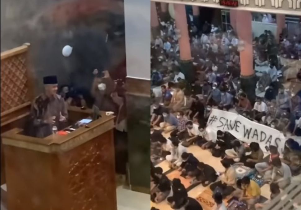 Ganjar Lagi Ceramah di Masjid UGM, Mahasiswa Bentangkan Spanduk 'Save Wadas'