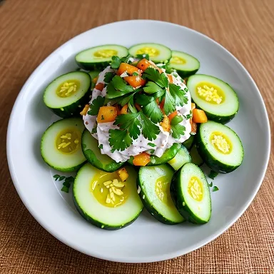 Prato de salada de pepino, hortelã misturados com kefir de água.