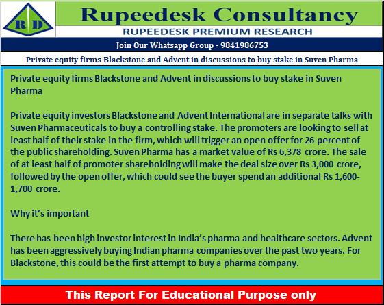 Private equity firms Blackstone and Advent in discussions to buy stake in Suven Pharma - Rupeedesk Reports - 04.11.2022