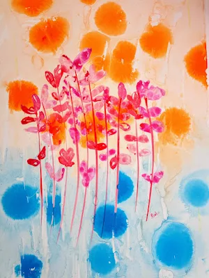 Abstract flowers in red, scarlet and blue