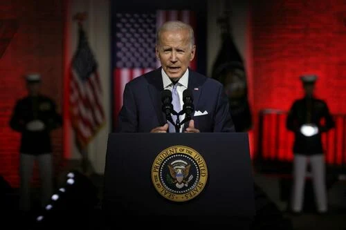 President Joe Biden delivers a primetime speech at Independence National Historical Park in Philadelphia on Sept. 1, 2022.