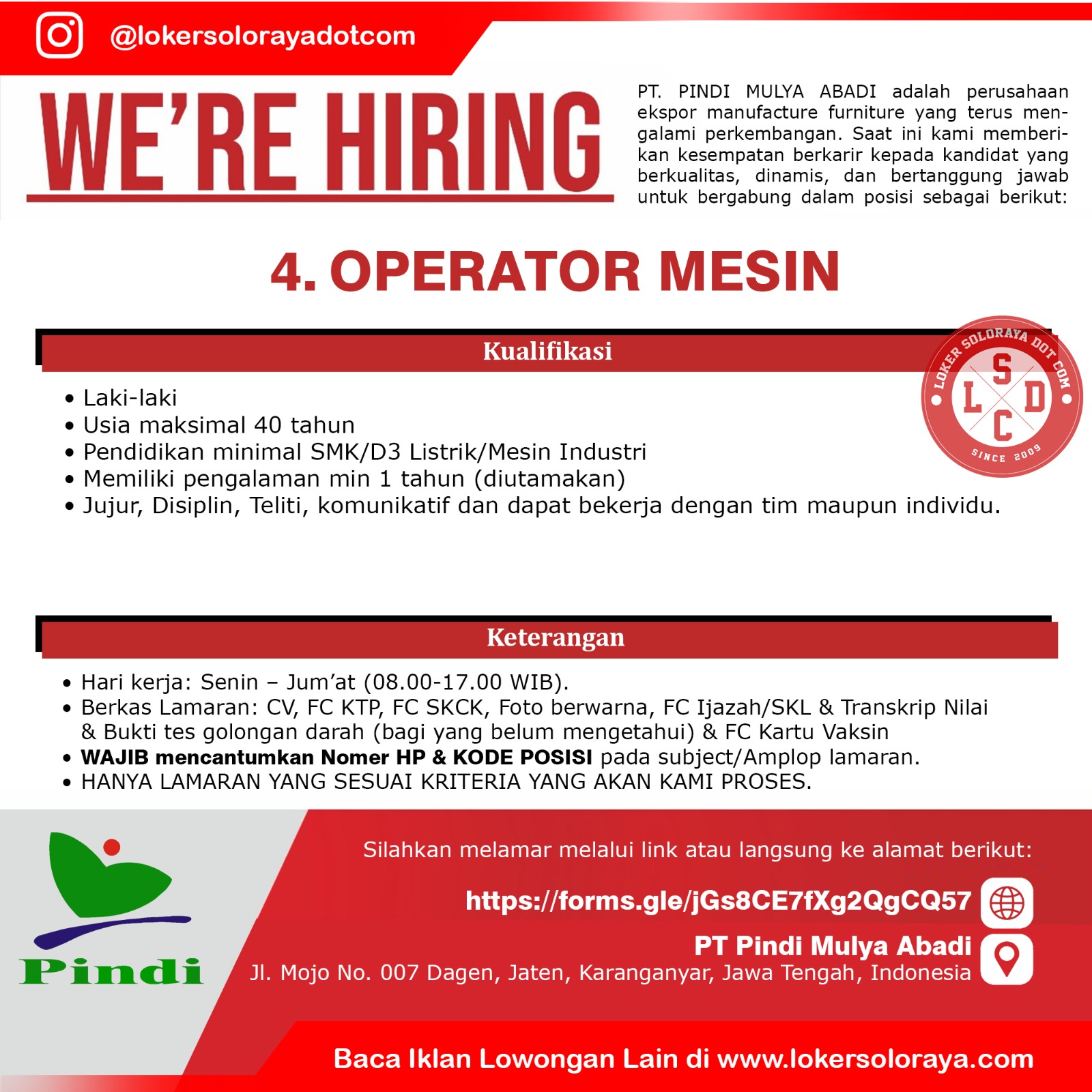 Loker Kepala Produksi dan Operator PT Pindi Mulya Abadi Karanganyar