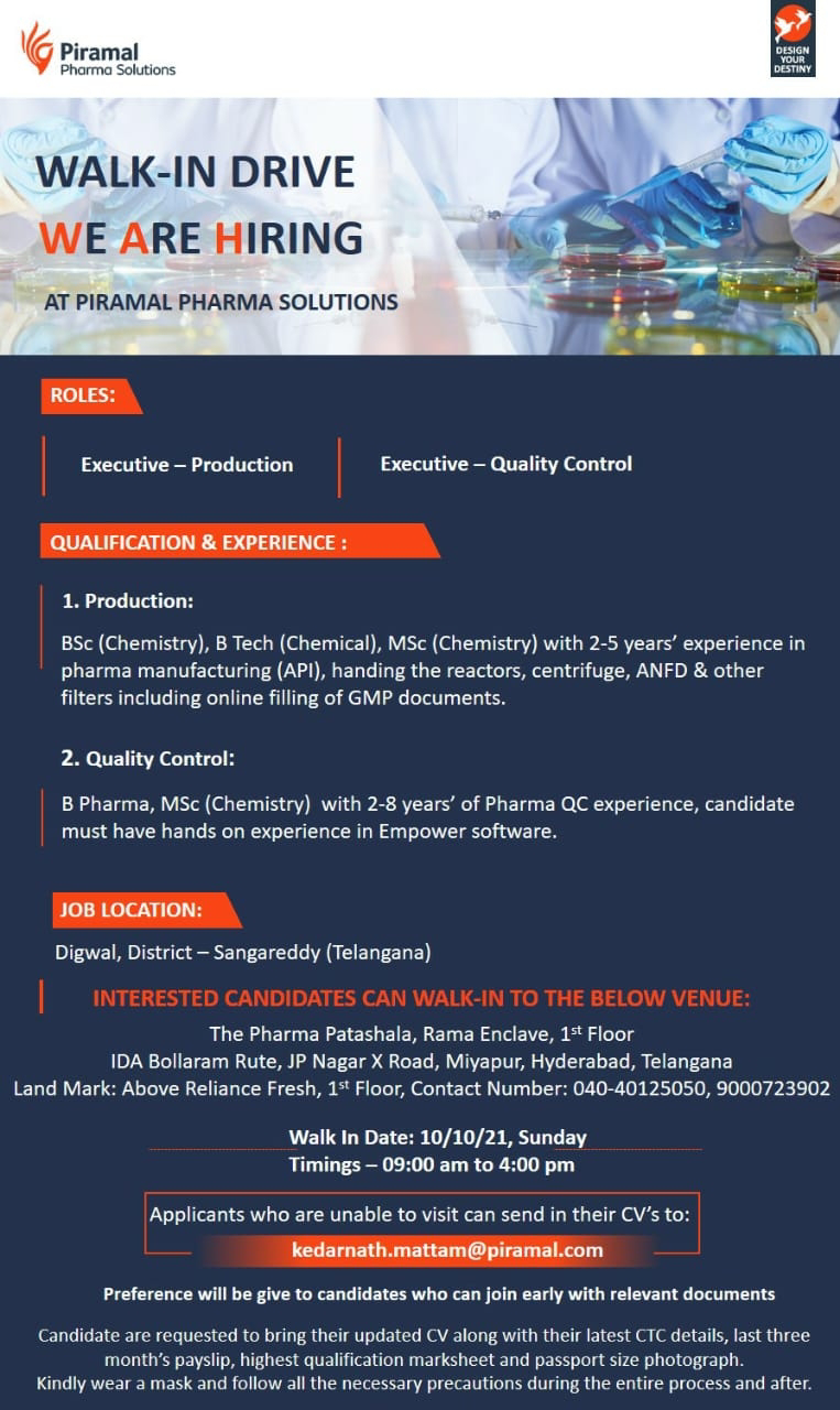 Job Availables,Piramal Pharma Solutions Walk in Interviews For QC/Production Department