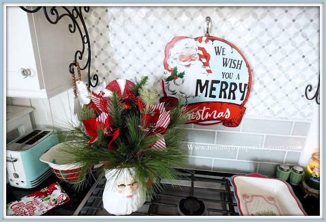 Cottage- Farmhouse -Christmas -Kitchen- Tour-Vintage-Inspired-Tin-Santa-Sign-From My Front Porch To Yours