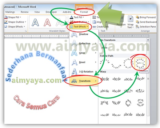  Gambar: Memilih bentuk/pola transformasi wordart di microsoft word 2010