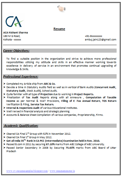 Indian Chartered Accountant Resume Sample