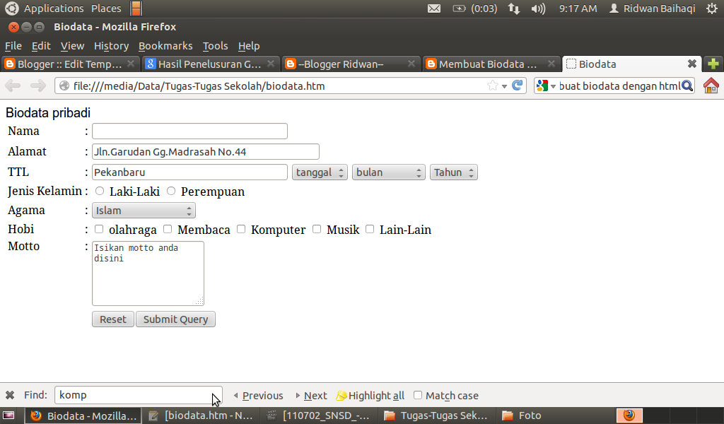 Cara Membuat Biodata Dengan Html ~ --Blogger Ridwan--