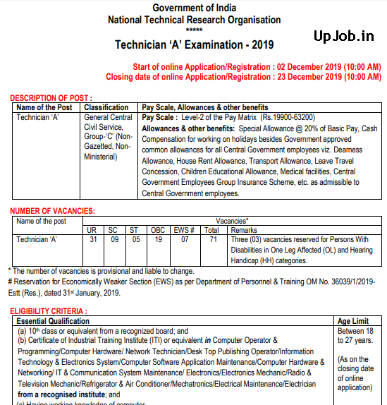 71 technician Vacancy Application Form Notification NTRO 2019