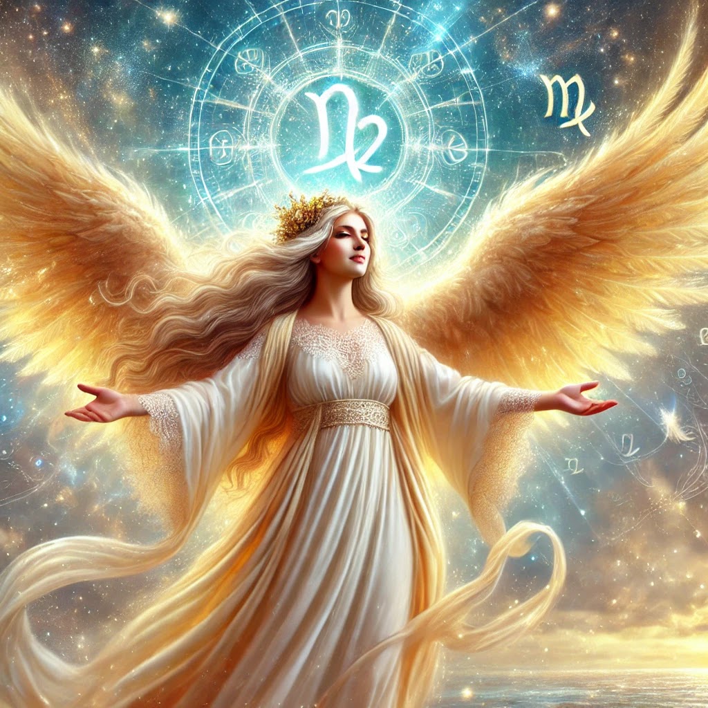 A divine angel with open arms, radiating warmth and reassurance, reminding Virgo that their angels are always near