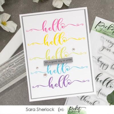 Picket Fence Studios, Rainbow Stamping, Sentiments as Background, Repeat Stamping, Hello Card, Any Occasion