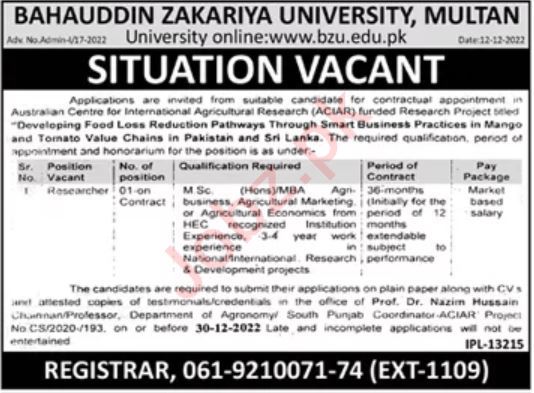 Latest Bahauddin Zakariya University Multan BZU Research Posts Multan 2022