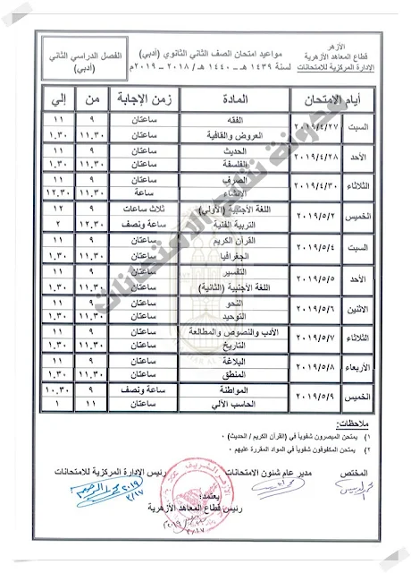 جداول امتحانات النقل الإعدادي والثانوي والقراءات والبعوث الإسلامية 2019