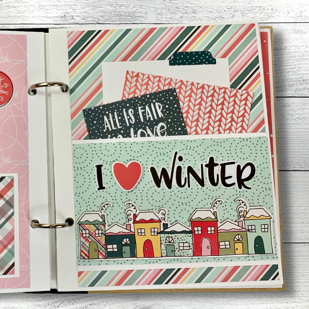 Freezin' Season winter scrapbook album page with a pocket, houses, & stripes