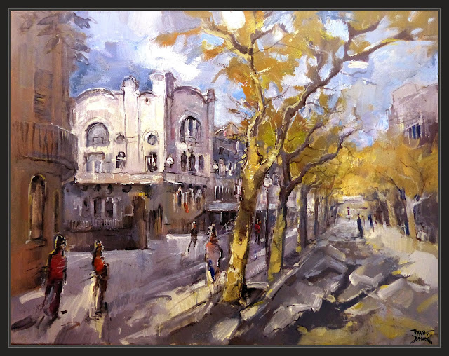 PASSEIG-PERE III-MANRESA-PINTURA-CASINO-BIBLIOTECA-ART-PAISATGES-CIUTATS-CATALUNYA-PERSONES-PLÁTANS-ARBRES-PINTURES-ARTISTA-PINTOR-ERNEST DESCALS